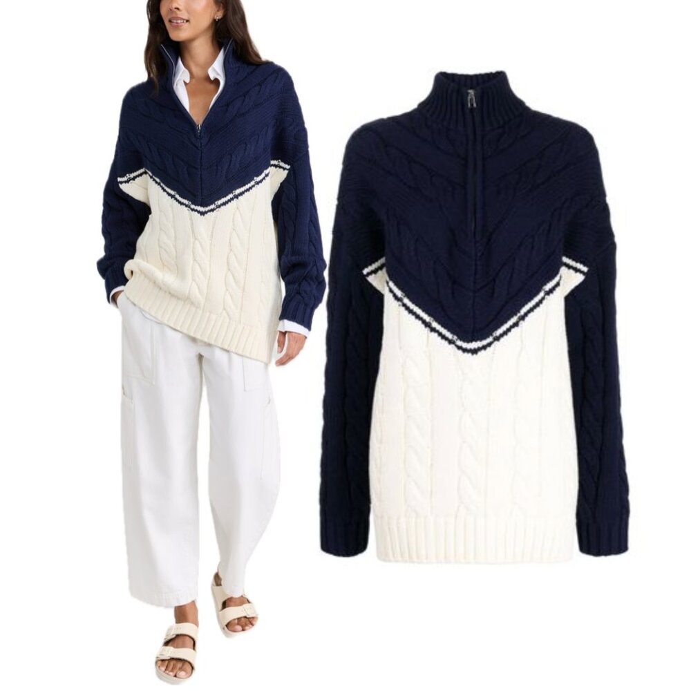STAUD Hampton Oversized Chunky-Knit Color-Block Chevron Sweater (Navy/Ivory)